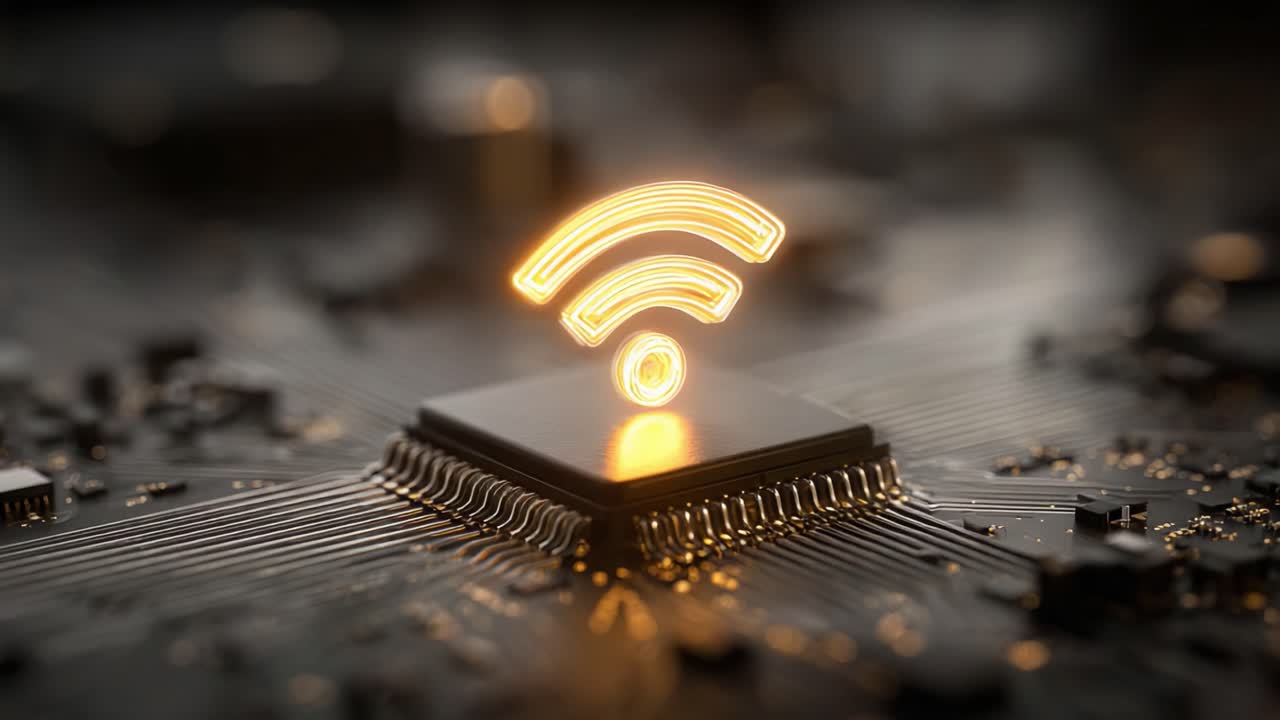 A Close-Up View of a Microchip Featuring a Vibrant Wi-Fi Symbol Illuminated Against a Dark Circuit Board, Highlighting Modern Connectivity Technology