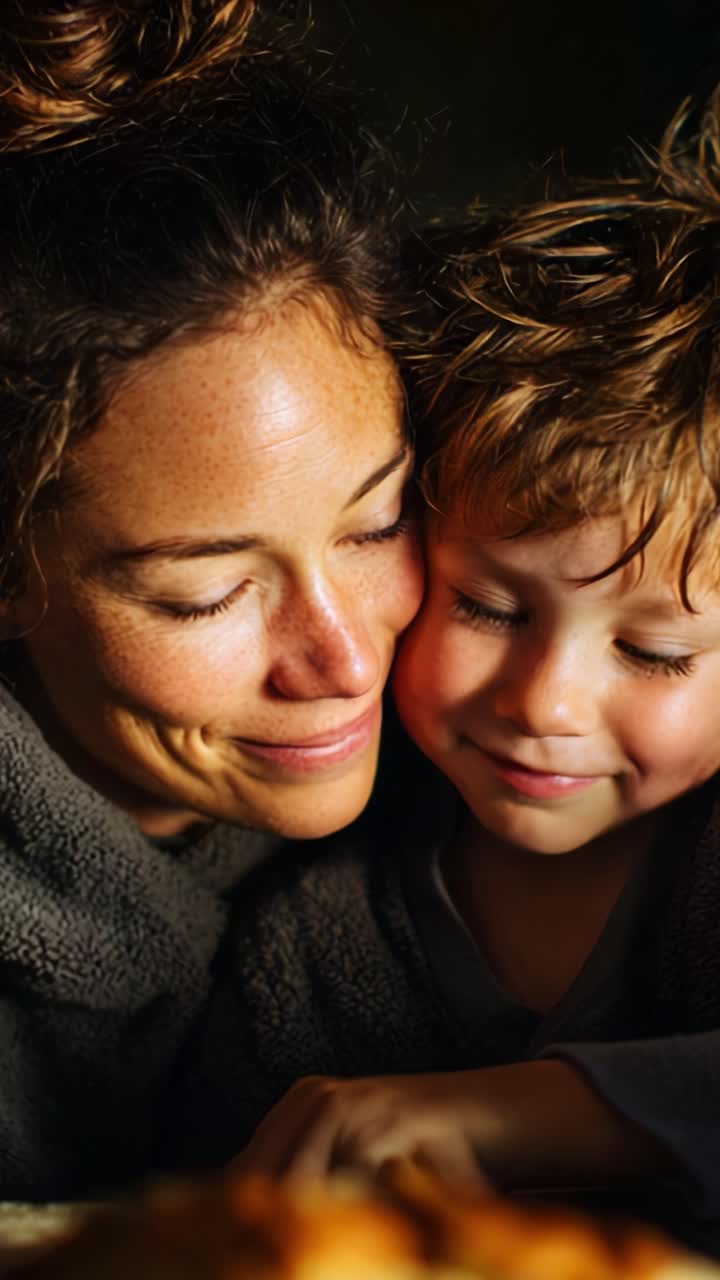 Un tenero momento di connessione tra madre e figlio, un abbraccio di amore, allegria e tenerezza in un'atmosfera serena catturata da una splendida luce