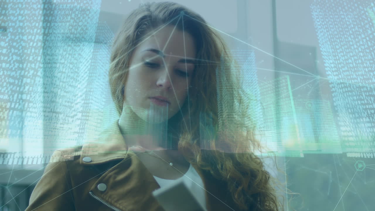 red de conexiones y procesamiento de datos contra la mujer caucásica que tiene pasaporte