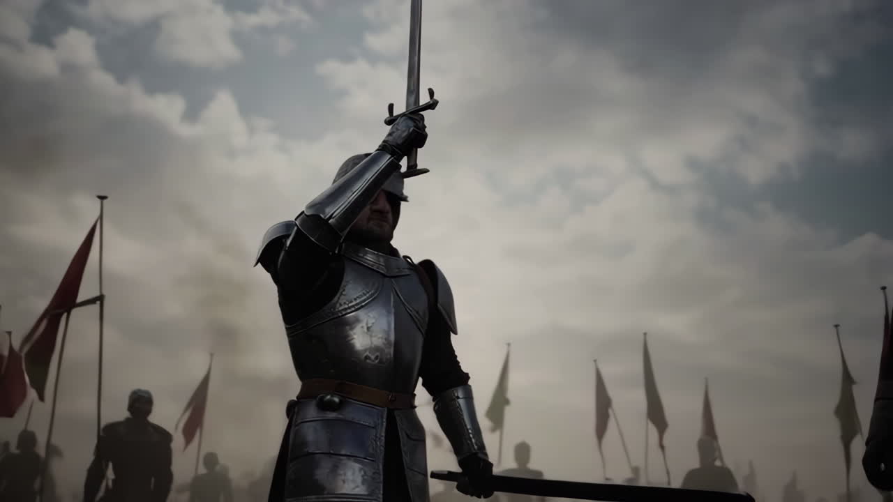 기사와 함께 중세 전투 장면