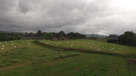 tierras de cultivo con campos de agricultura verde y granja abandonada en el fondo
