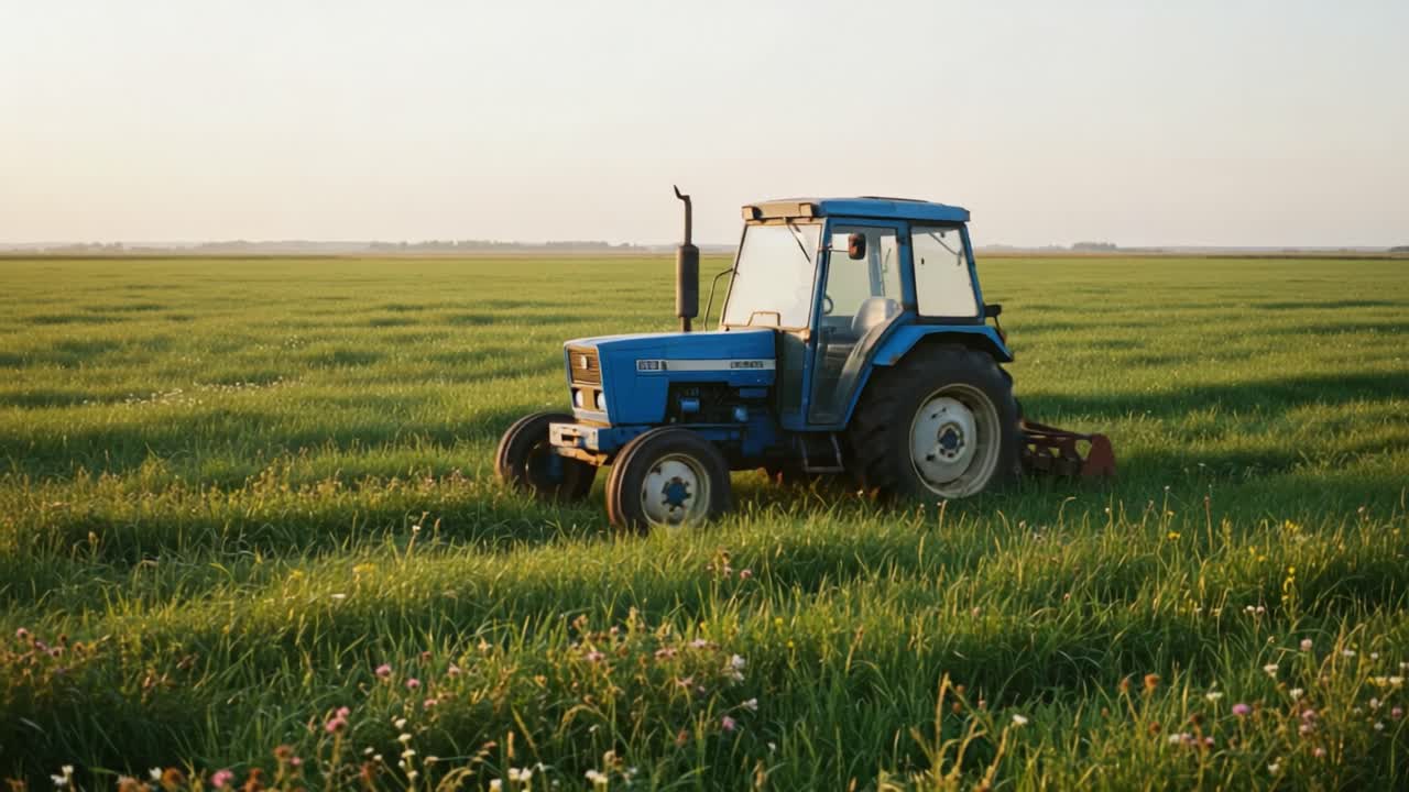 A Blue Tractor Cultivating Green Fields During Sunset, Showcasing Agricultural Practices and the Beauty of Rural Landscapes in a Serene Environment