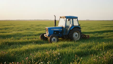 a blue tractor cultivating green fields during sunset, showcasing agricultural practices and the beauty of rural landscapes in a serene environment