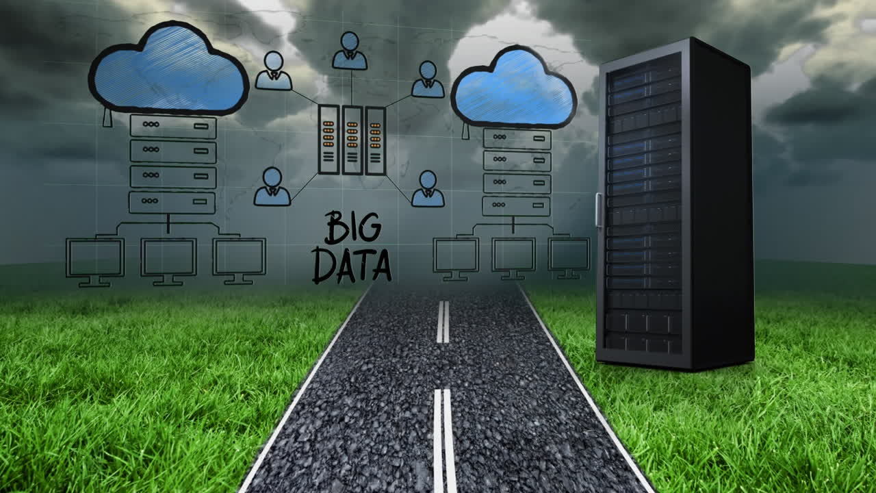 carretera con hierba a ambos lados con torre de servidor y grandes datos