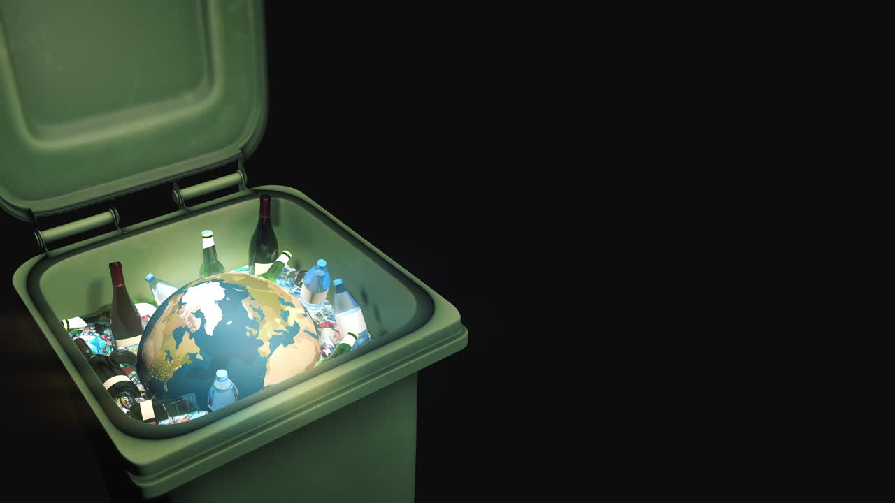 renderización 3d del globo terrestre en un bote de basura verde entre plástico, botellas y residuos residuales