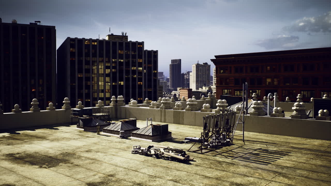 Rooftop view of city skyline with urban structures at dusk