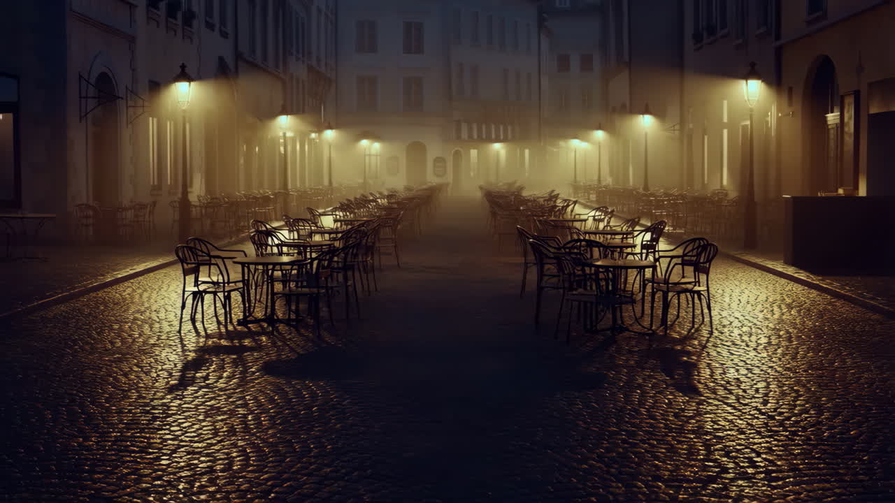 Misty Evening on an Empty Cobblestone Street with Outdoor Cafe Seating