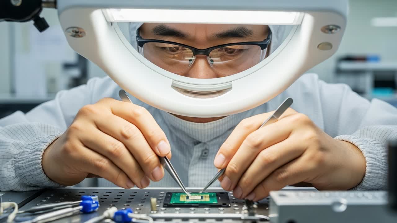 Meticulous Microchip Technician Assembles Advanced Semiconductor Components Under Magnifying Lens in High-Tech Laboratory Environment, Capturing Precision Engineering and Detail with Utmost Care and Focus