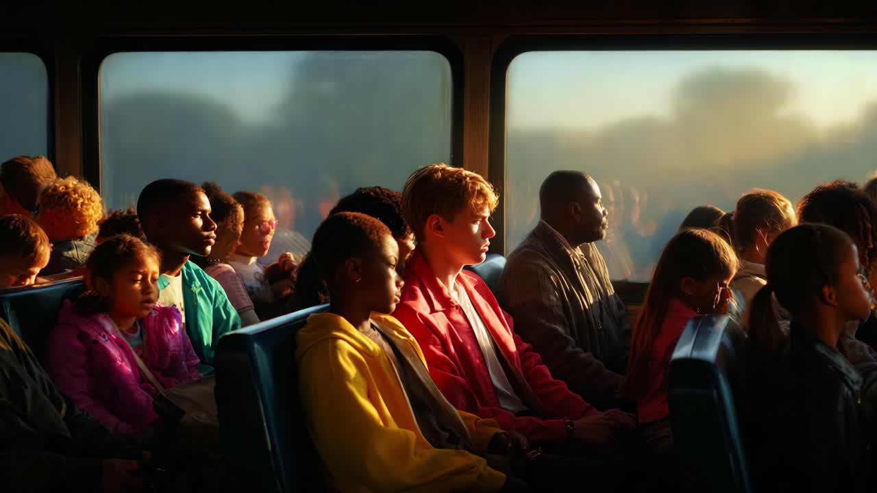 A Captivating Journey Captured on a Bus: A Diverse Group of Passengers Lost in Thought as the Sun Sets, Illuminating Their Faces, Highlighting Moments of Reflection and Connection During Their Commute