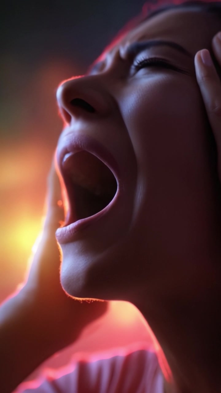 Un'espressione emotiva profonda catturata in due fotogrammi, che mostra un individuo angosciato in un potente momento di sofferenza, illuminato da colori vivaci e illuminazione dinamica.