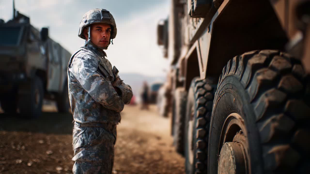 Un soldato vigile si erge accanto a veicoli militari blindati, dimostrando preparazione e determinazione in un paesaggio polveroso durante un'operazione cruciale