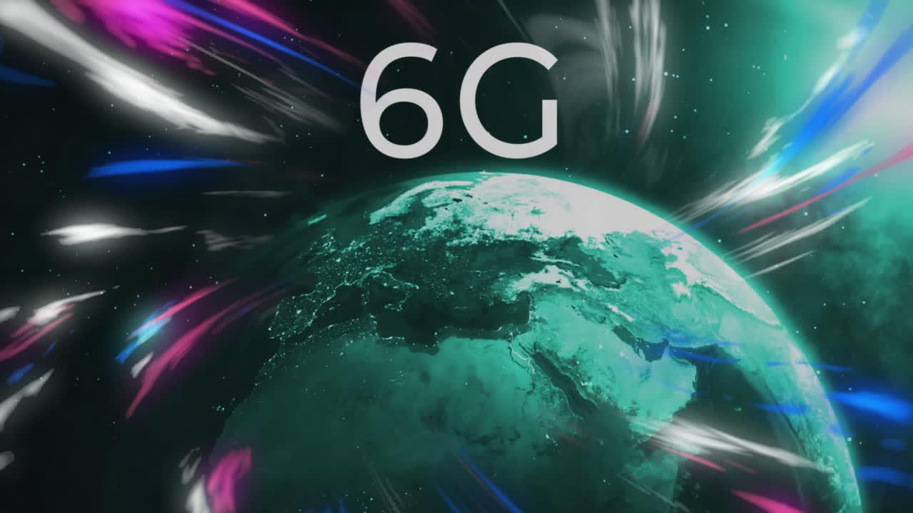 animación de texto de 6g sobre la tierra con rayas de luz coloridas