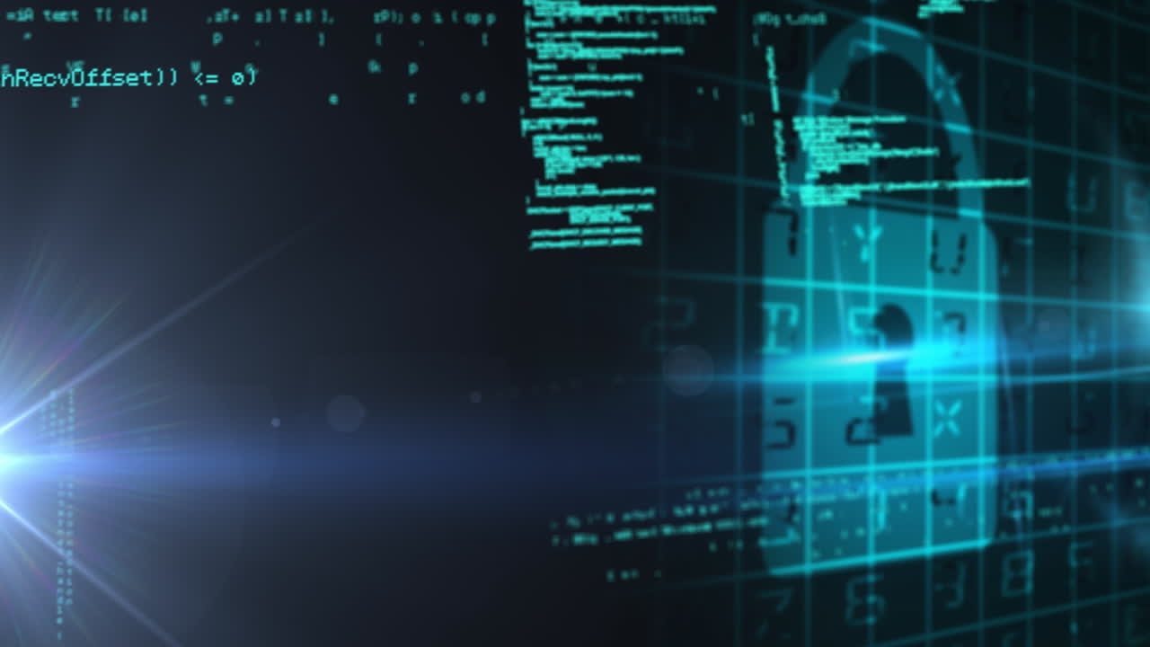 icono de candado de seguridad y procesamiento de datos contra un punto de luz sobre fondo negro