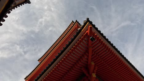 The-Roof-Structure-of-Koyasu-Pagoda-in-Kiyomizu-dera-Temple-Complex-in-Kyoto,-Japan---Low-Angle-Shot