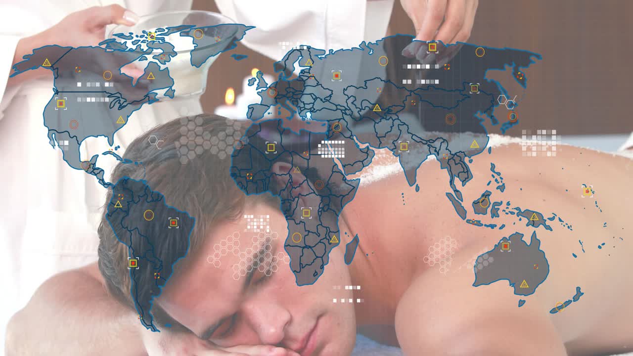 Spa therapist sprinkling scrub onto client back as world map and data nodes showing global wellness