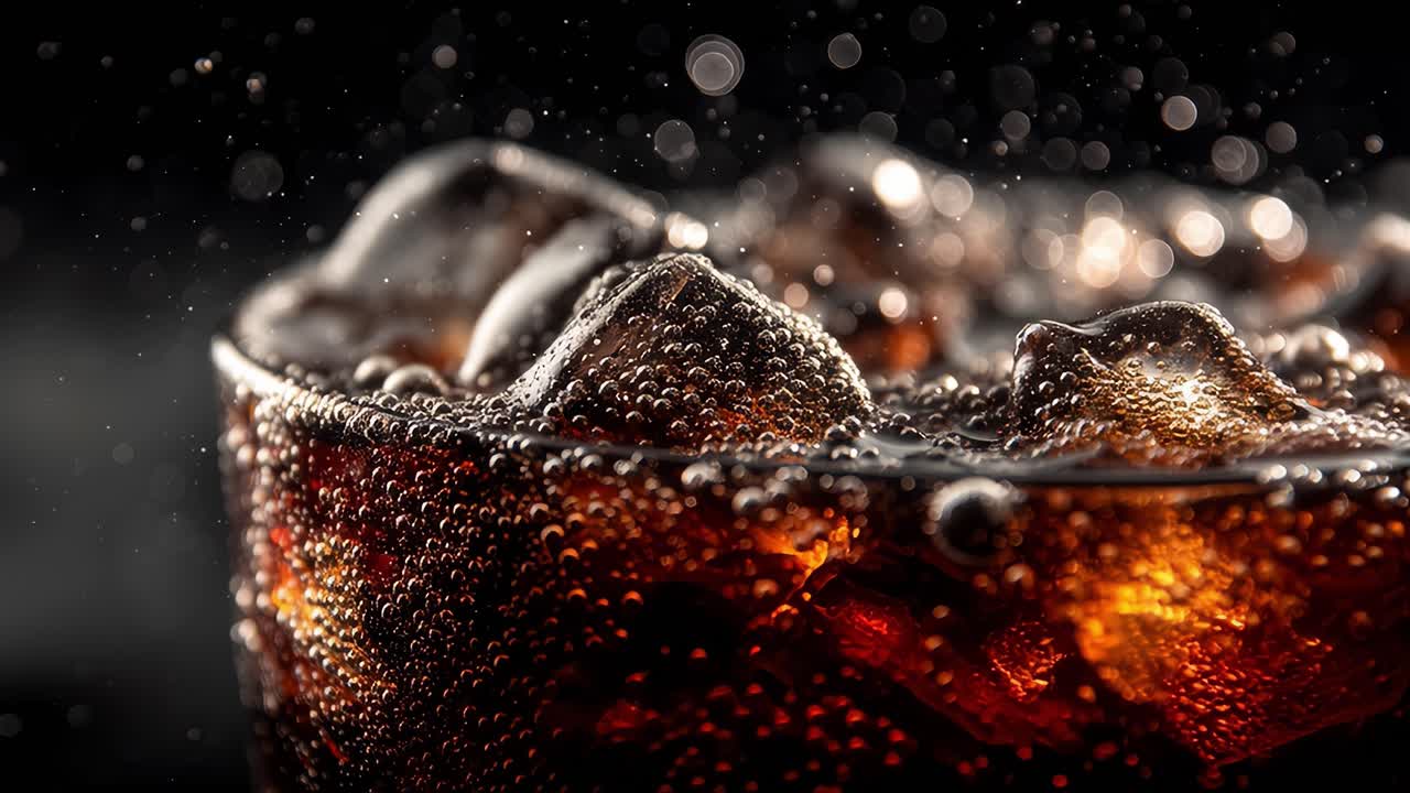 Refreshing soda with ice cubes and fizzy bubbles close up