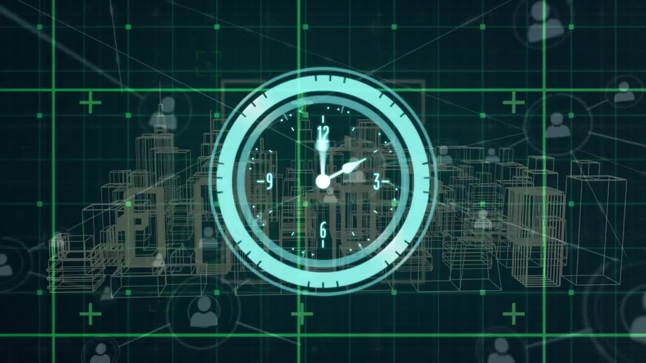 데이터 처리, 아이콘 및 메타버스 도시를 이동하는 시계의 애니메이션