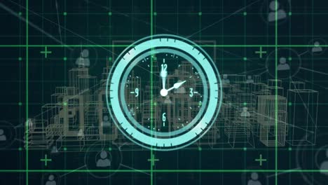 animación del reloj moviéndose sobre el procesamiento de datos, iconos y la ciudad del metaverso