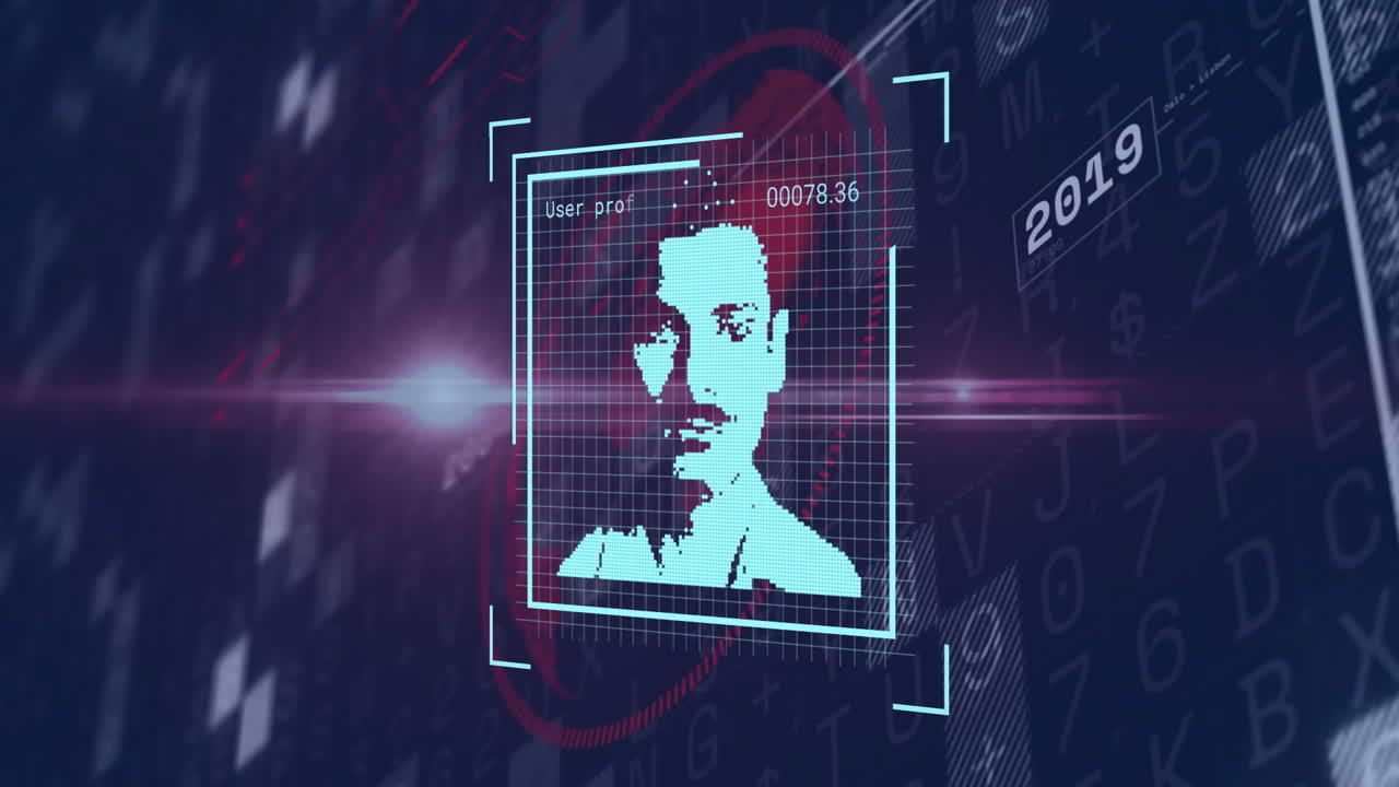Analyzing profile with animation, digital face recognition technology over data background