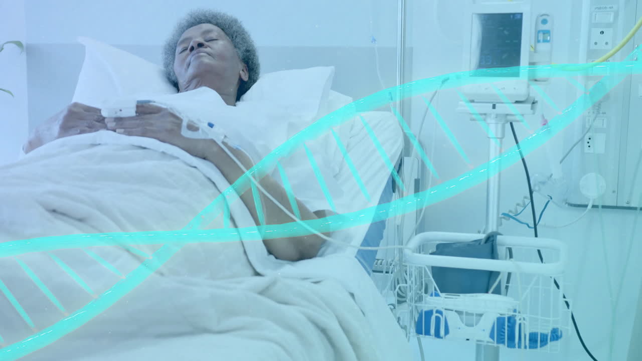 animación de una cadena de adn sobre una paciente afroamericana en el hospital