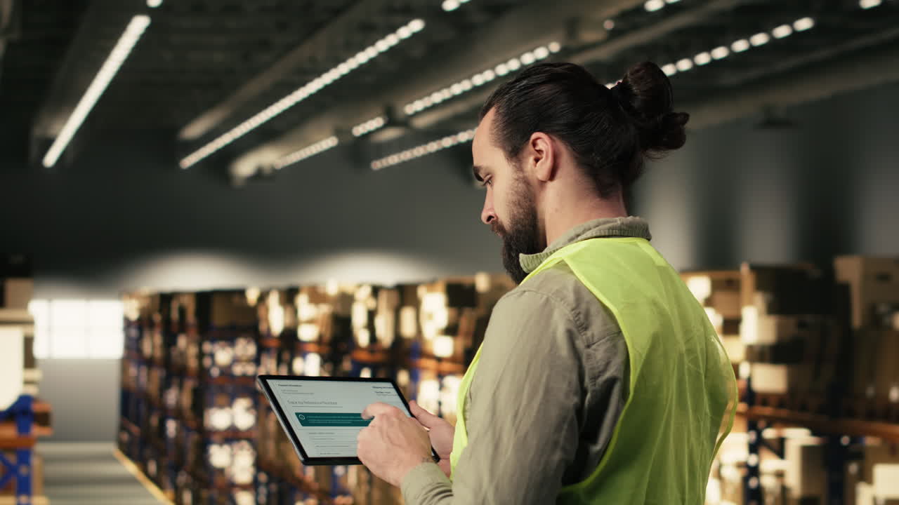 Warehouse Worker Using Digital Tablet for Inventory Management