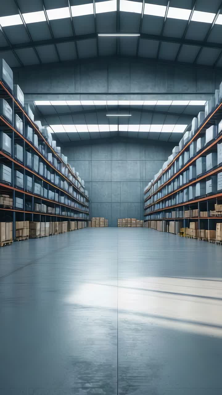 Vertical video: Opening camera showing warehouse aisle under skylights, with racks bins and boxes
