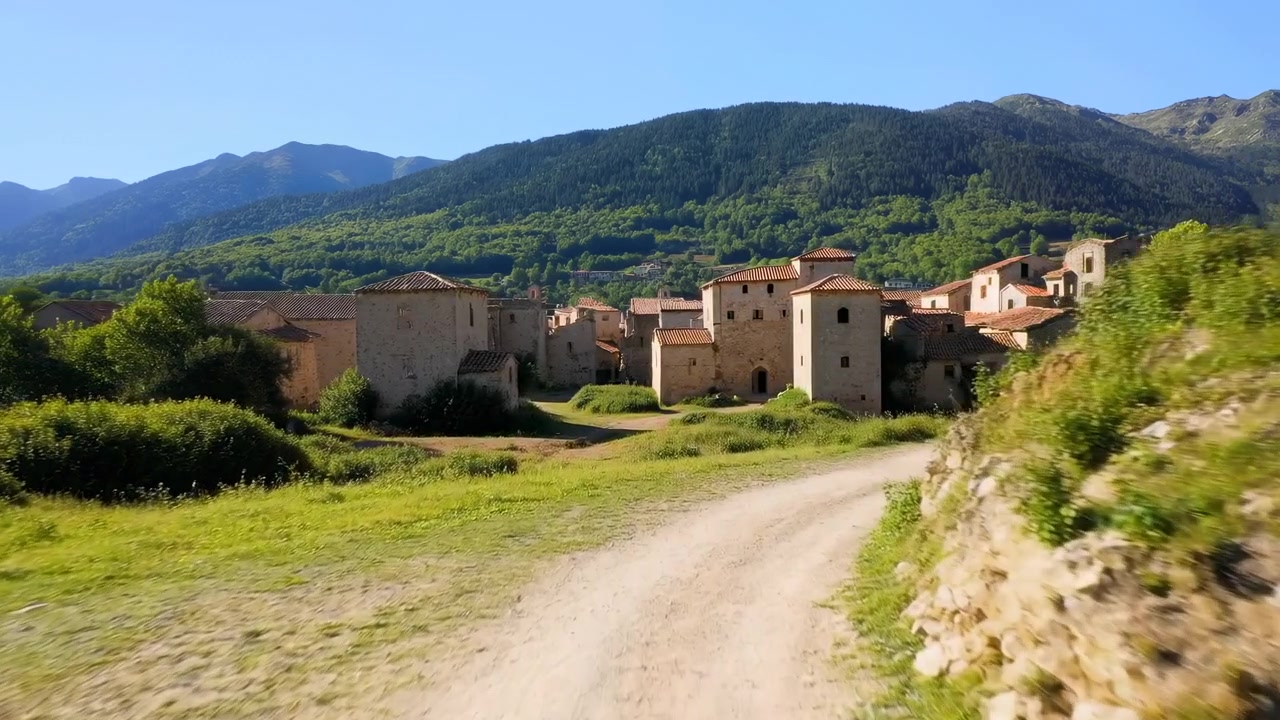 Vista dal basso di un sentiero sterrato che si estende dal primo piano verso un gruppo di case in pietra e stucco con tetti di tegole su una dolce collina. Prati erbosi