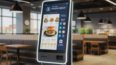 innovative self-service kiosk displaying menu options in a modern food establishment, showcasing burger selection and interactive features for customer convenience