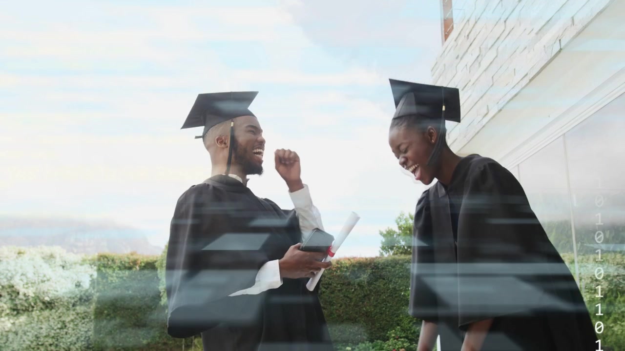 Grads meeting outside, celebrating degree while binary scan lines overlaying caps, diplomas, phone