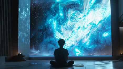 silhouette meditating in front of a projected nebula
