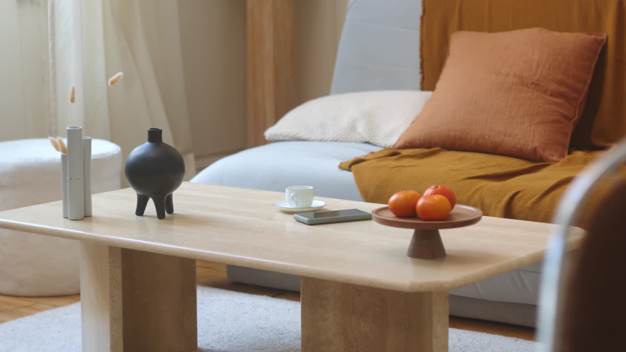 Cozy bright living room table and couch