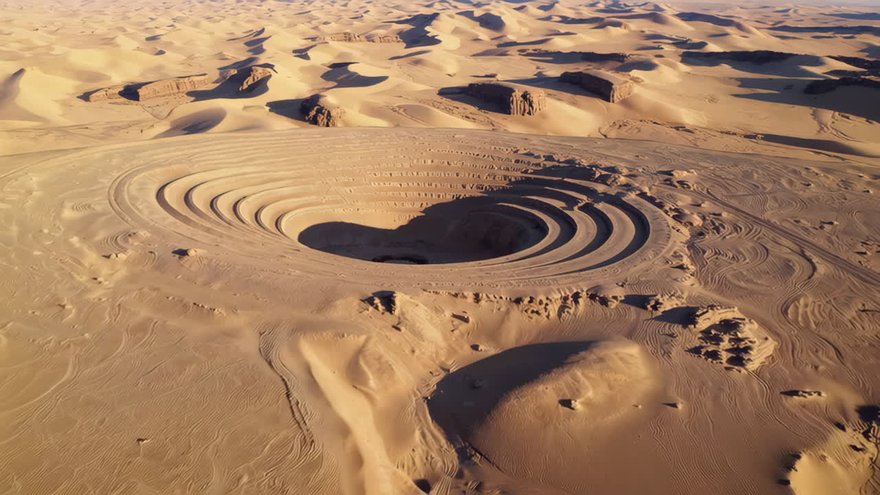 Aerial view of a massive terraced circular pit in a vast desert landscape