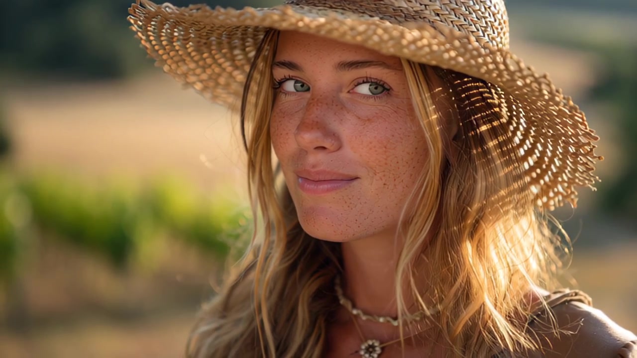 Cinematic close up portrait of a young woman with freckles wearing a straw hat, smiling softly outdoors in golden hour light with blurred nature background