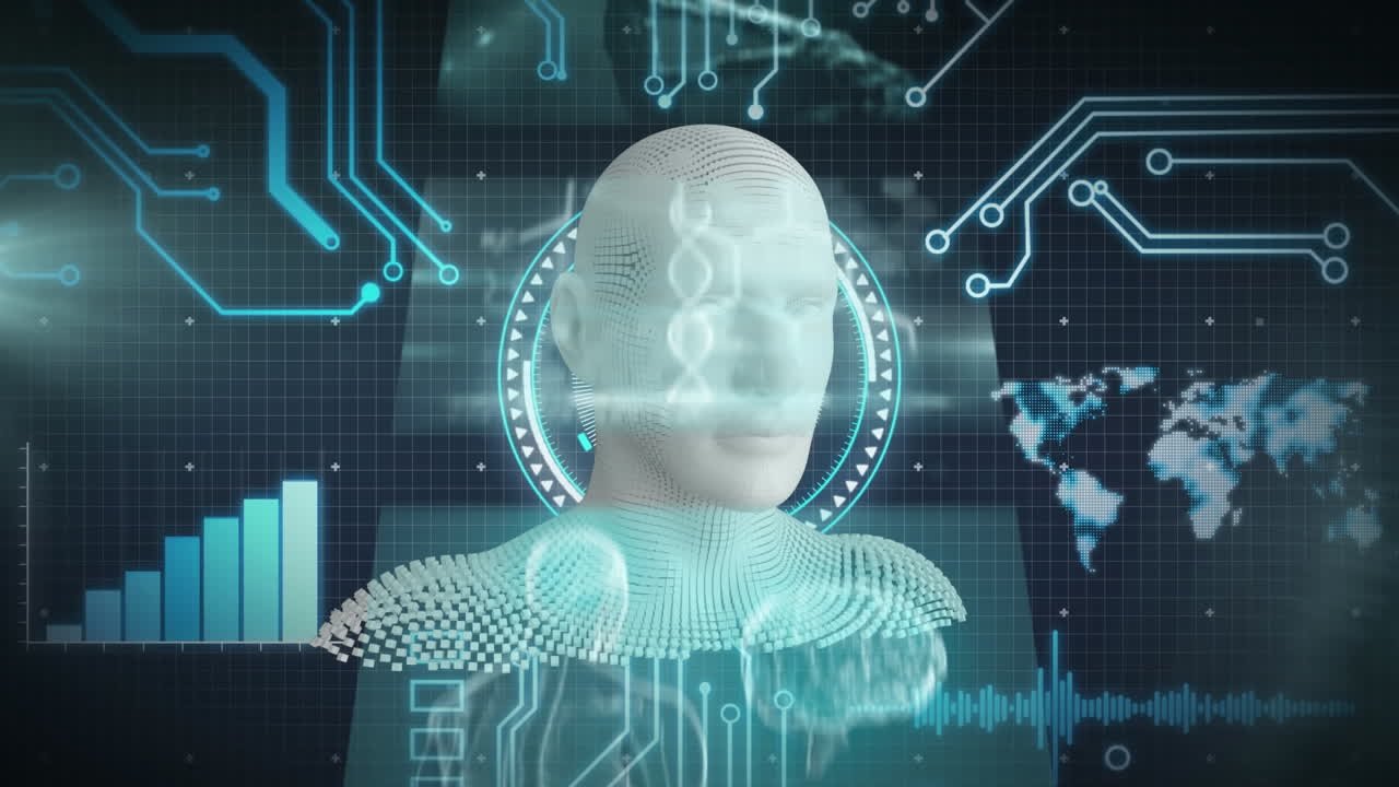 animación de la cabeza humana y procesamiento de datos científicos sobre un fondo azul.