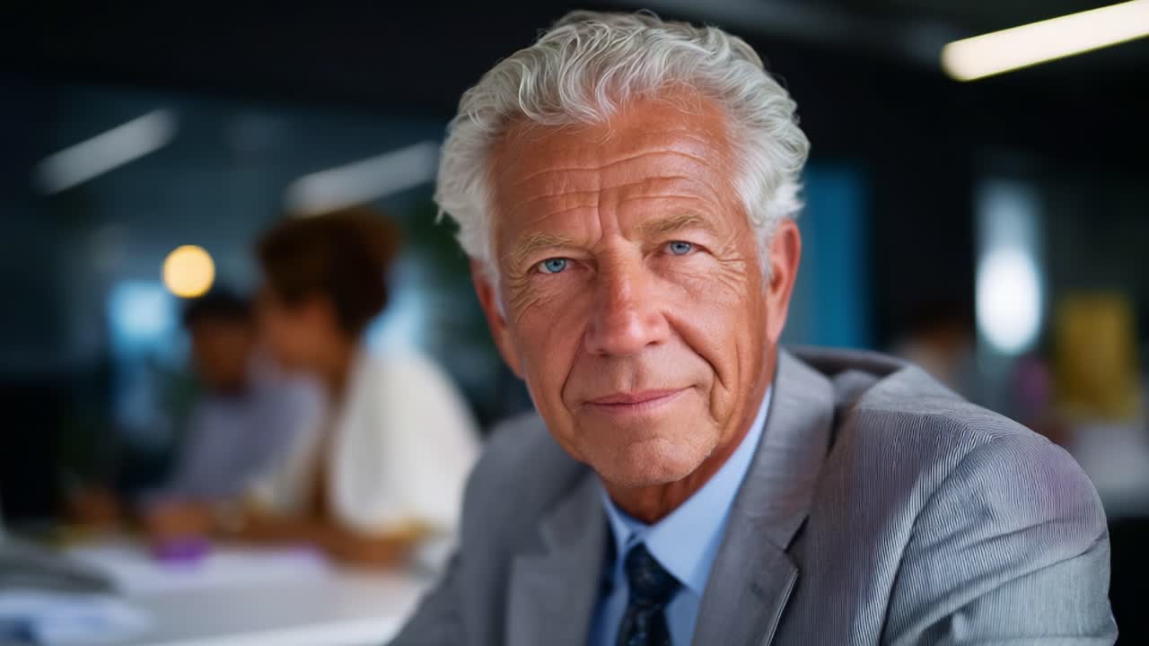 Professionelt portræt af en senior forretningsmand i et moderne kontormiljø, der udstråler selvsikkerhed og erfaring med et fængslende smil, og som udtrykker lederegenskaber