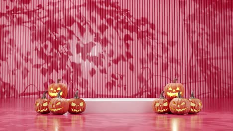 Jack-o&#39;-linternas-Brillantes-En-El-Fondo-Rojo-Festivo-De-Halloween