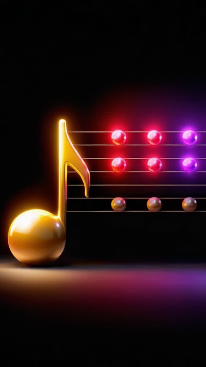Strålende oplyst gylden musiknode med farverige noder på nodesystem, der fanger essensen af harmoni og rytme på en slående sort baggrund