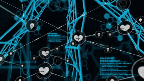 network of heart icons and data processing animation over blue digital structures
