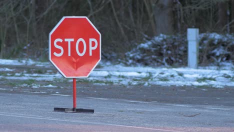 Stop sign placed on a road at the Lithuania - Latvia border during crisis measures in the fight against the novel coronavirus Covid-19, medium shot