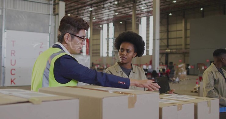 Responsabile della logistica e operaio discutono di pacchi con sovrapposizione di dati.