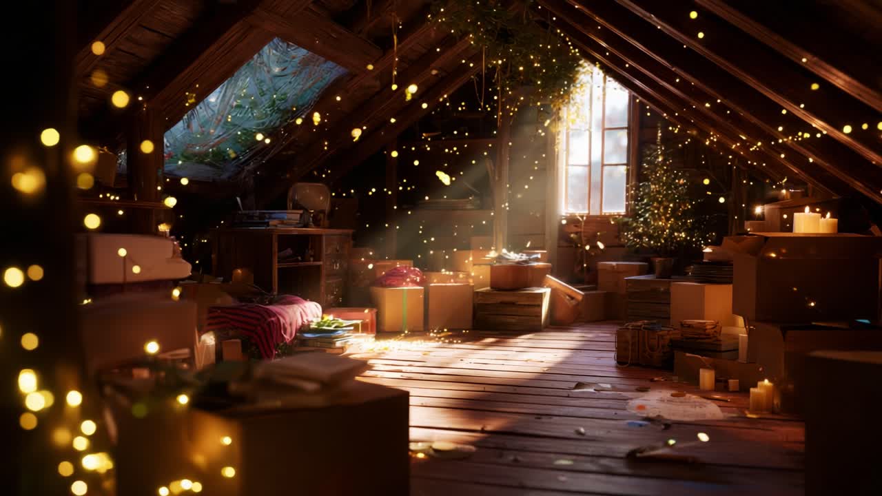 A Magical Attic Scene Filled With Warm Light, Dusty Particles, and Piles of Colorful Boxes Surrounded by Soft Glowing Orbs, Creating an Enchanted and Nostalgic Ambience for Exploration and Discovery