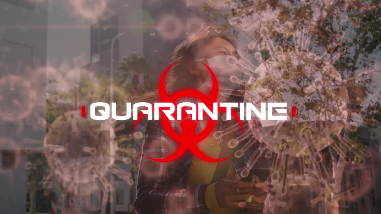 Animation of the word Quarantine over macro coronavirus Covid-19 cells spreading over a woman