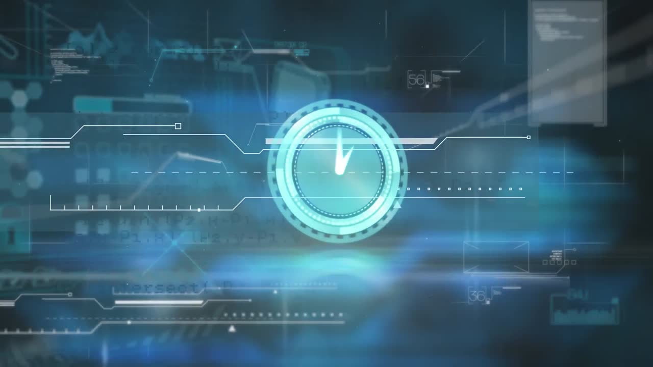 Animation of neon ticking clock and data processing against blue background