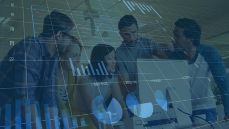 animation of financial data processing over diverse business people in office