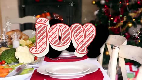 Animation-of-joy-text-over-christmas-dinner-table-and-christmas-tree
