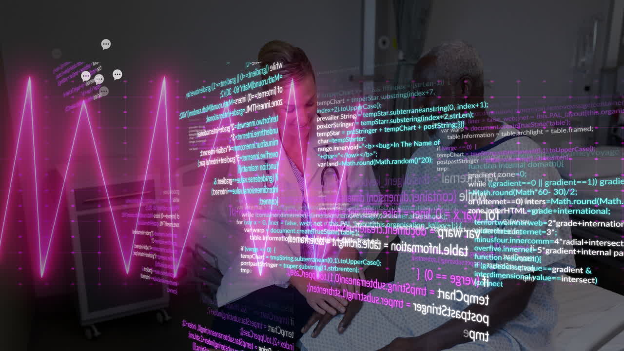 In hospital, healthcare professional reviewing patient data with medical animation overlay