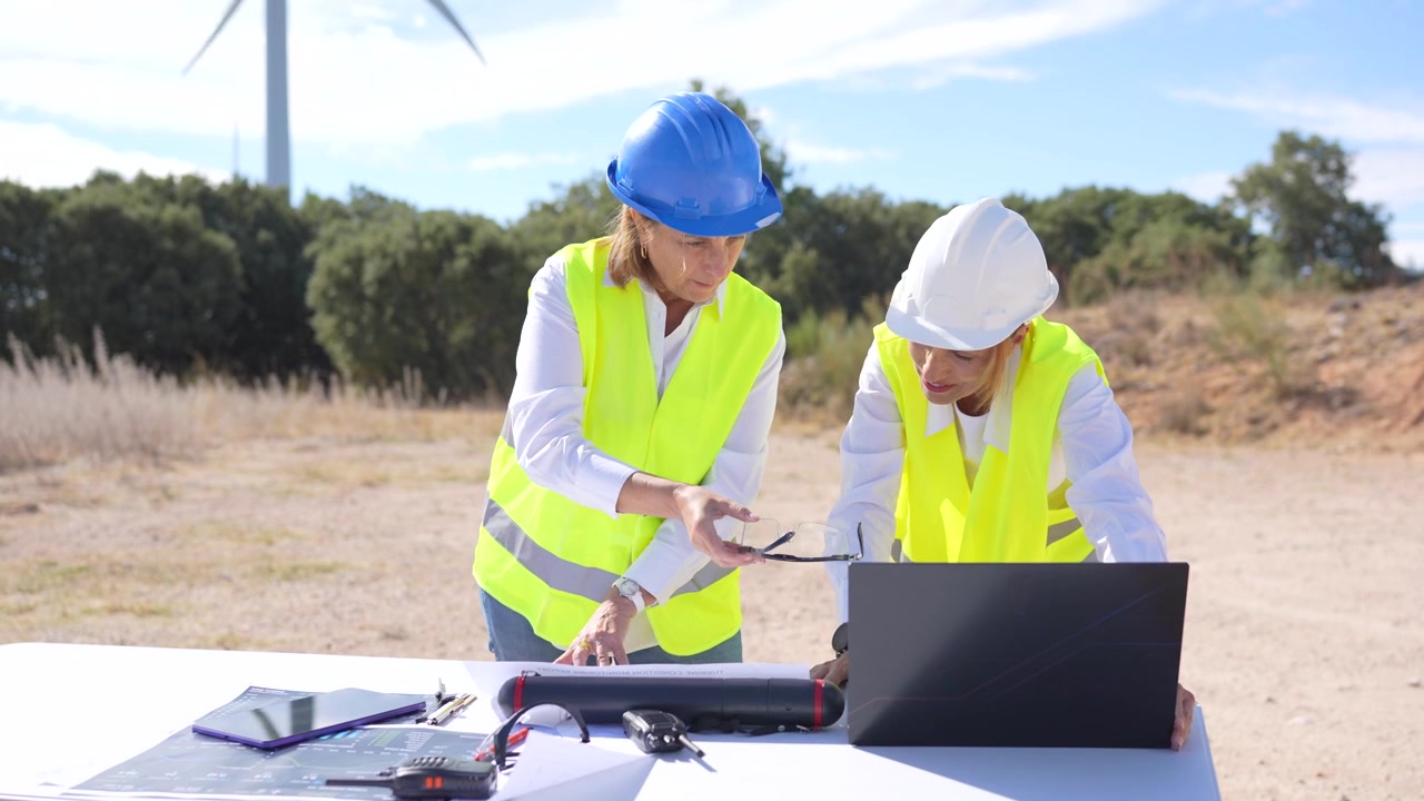 Two women engineers reviewing blueprints and using a laptop at a wind farm construction site