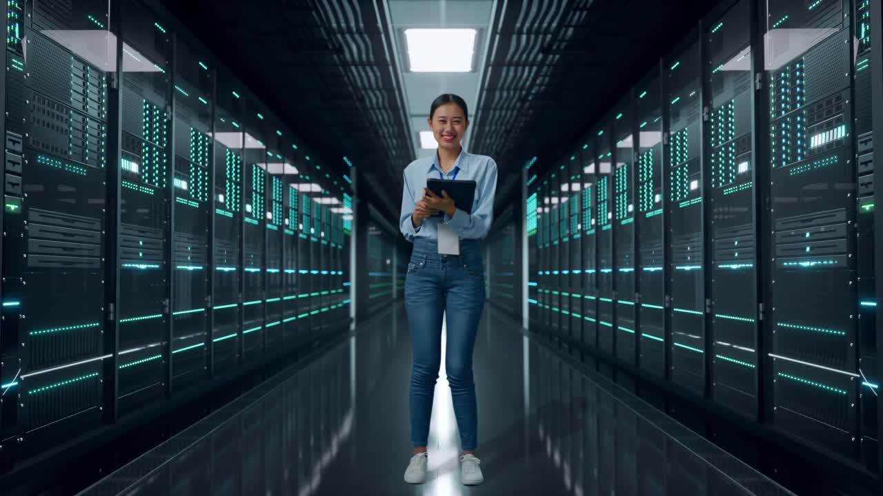 Full Body Of Asian Female In Server Room Data Center, Typing On Tablet'S Keyboard And Looking Camera And Smiling
