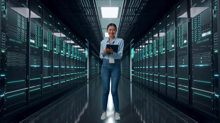 Full Body Of Asian Female In Server Room Data Center, Typing On Tablet'S Keyboard And Looking Camera And Smiling