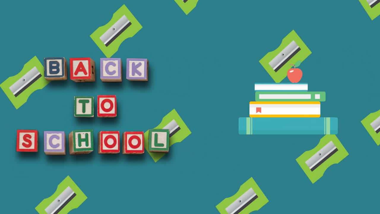 Animation of back to school text over school items icons on green background